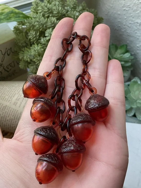 Vintage Antique Celluloid Acorn Charms Link Faux Tortoise Shell Bracelet - Picture 4 of 9